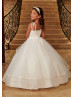 Beaded Ivory Lace Tulle Beautiful Flower Girl Dress With Satin Hem